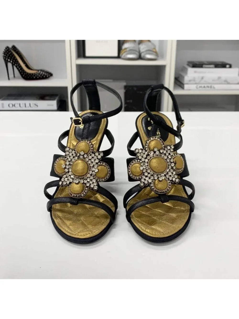 Chanel Leather Bijou Strap Sandals Black